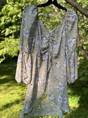 Cato Sage Green Floral Long Sleeve Ruched Bust Mini Dress